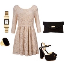 beige lace dress with black accessories