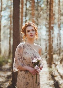 Colorful wedding dress on one shoulder