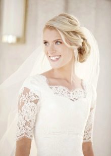 Modest wedding dress with lace sleeves