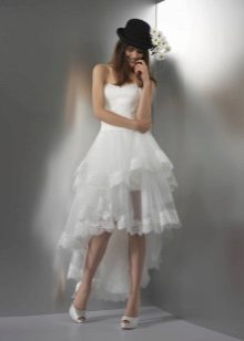 Short wedding dress with a train and hat