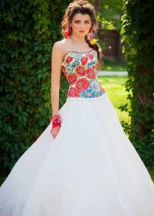 Wedding dress in Russian style with poppies