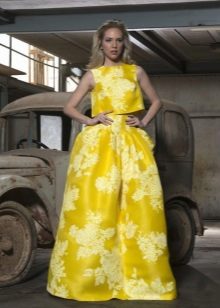 Evening yellow suit with top and skirt