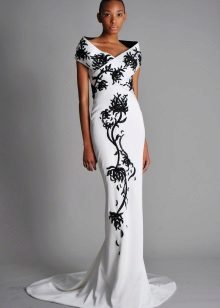 White evening dress with black pattern