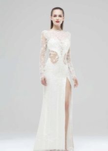 Evening closed white dress with a neckline