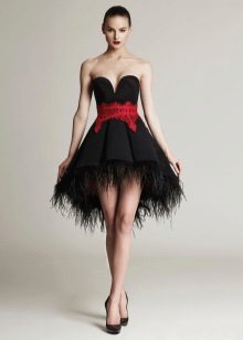 Short fluffy evening dress with a red belt