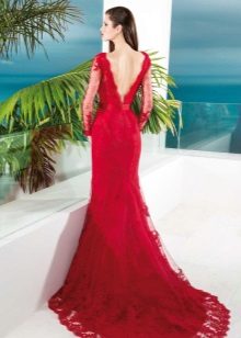 Red evening dress with open back and brace