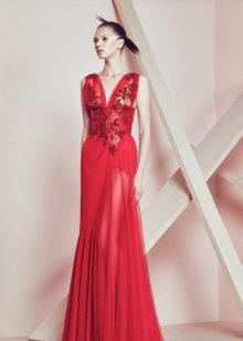 Red evening dress with a deep neckline
