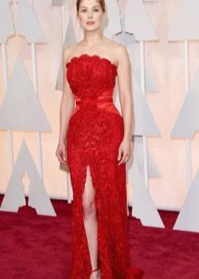 Red Evening Dress with Floral Decoration