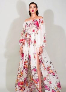 Chiffon evening dress with lowered sleeves