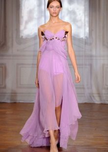 Purple evening dress with a slanting cut