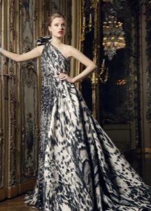 Evening dress on one shoulder in tiger style