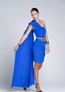 Short blue dress on one shoulder evening