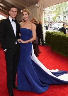 Blue evening dress with a train