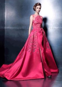 Red silk evening dress with lace