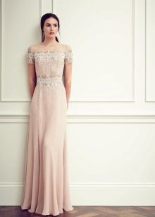 Silk evening dress with lowered shoulders
