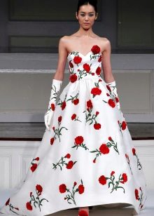 White Wedding Dress with Red Flowers