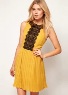 Mustard dress with black lace