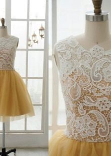 White lace on mustard dress