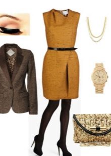 Mustard dress with black shoes and black tights