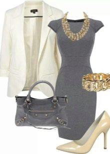 Gray dress with white jacket