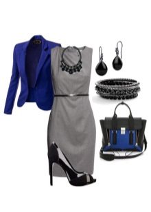 Blue shoes and a jacket to a dress of gray color