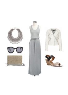 Gray knit dress with white leather jacket