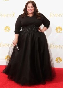 Black evening dress combined from silk, chiffon and knitwear for full