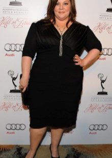 Black evening medium-length dress of satin and knitwear for the full