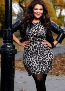 Leopard sheath dress for the full in combination with a leather jacket