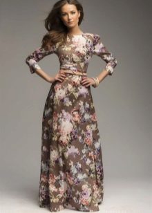 Chocolate-colored dress with pink and lilac floral print