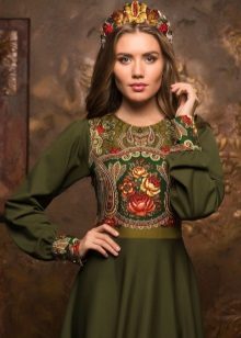 Marsh-colored dress in Russian style with kokoshnik