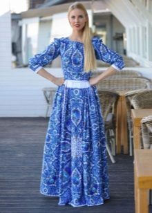 Modern long dress in Russian style with Gzhel pattern