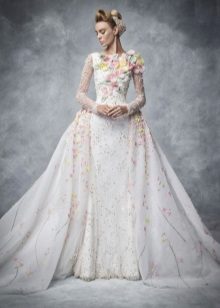 Beautiful wedding dress with floral print and flowers