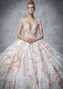 Beautiful wedding dress with a floral print and a deep neckline