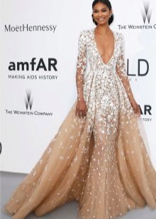 Body-colored fluffy dress with white lace