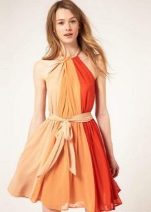 Dress combining three colors - terracotta, beige, milky
