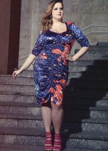 Blue knit dress with an orange pattern for the full