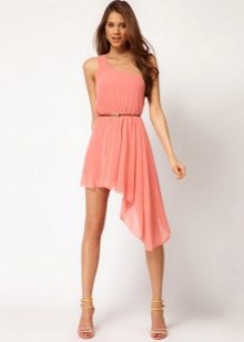Pink asymmetrical dress with a belt
