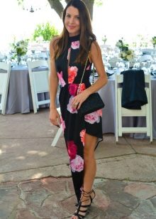 Asymmetrical black dress with floral print