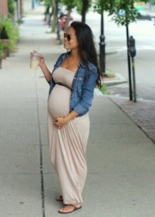 Long summer light gray dress in a floor for pregnant women with a shirt