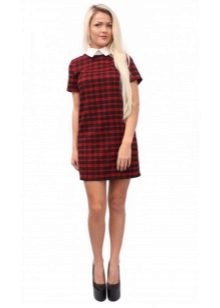 Short red dress in a cage with a white collar