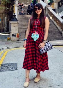 Long red check dress with ballet shoes