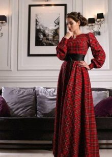 Long red check dress with black obi belt