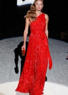 Red lace dress on one shoulder