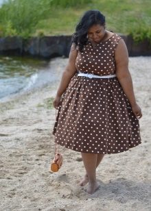 Brown polka-dot A-line dress for obese women