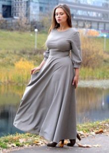 Long closed gray A-line dress with long sleeves for obese women