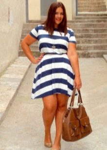 Striped A-line Dress with a strap for obese women in combination with a brown bag