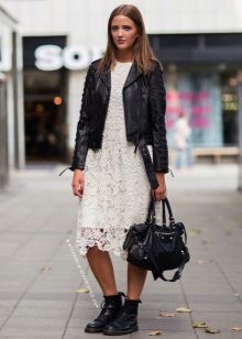 Leather jacket to A-line lace dress