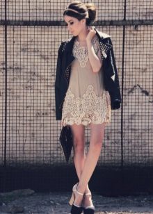 Leather jacket with viscose lace dress