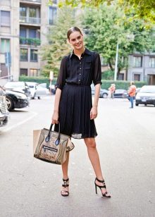 Chiffon shirt dress with pleated skirt and medium length